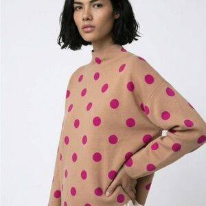 MAEVE by Anthropologie Camel Turtleneck Sweater with Fuchsia Polka Dots